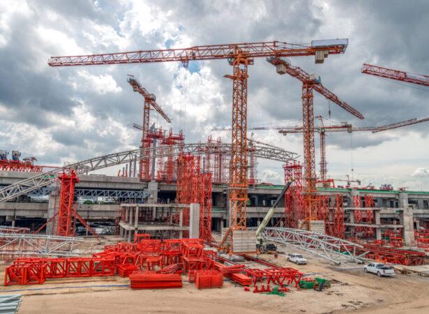 Industrial Cranes on Construction of Expressway Site in Asia